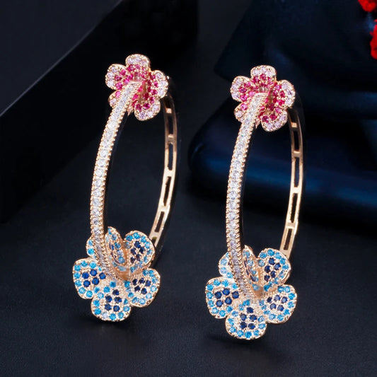 Elegant Micro Pave Blue & Red CZ Flower Hoop Earrings for Women