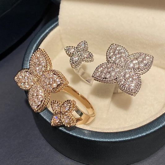 White Cubic Zirconia Four-Leaf Flower Adjustable Ring
