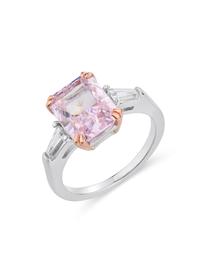 Sterling Silver Shiny Square Pink Diamond Ring - Balmas Jewelry