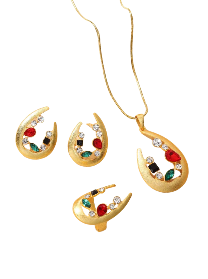 Gold zircon pendant Necklace Earrings ring Jewelry Set