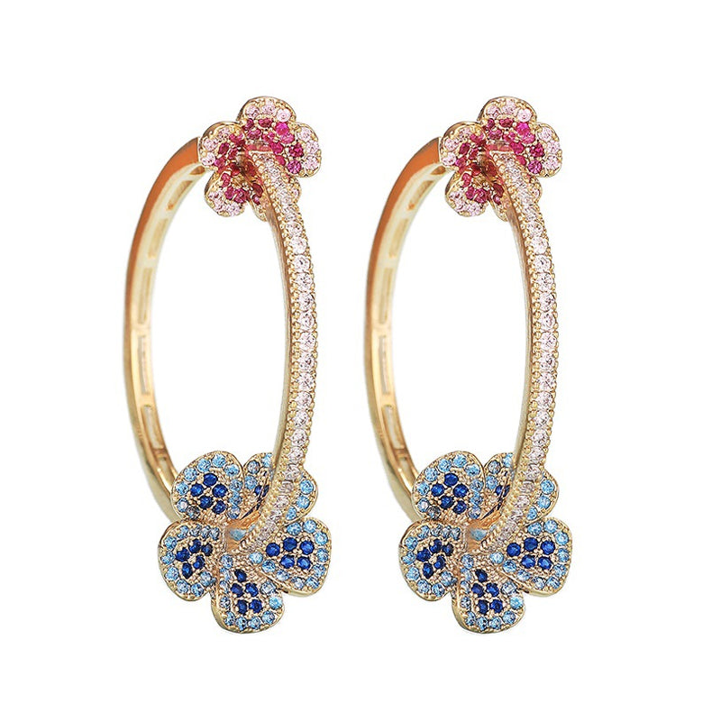 Elegant Micro Pave Blue & Red CZ Flower Hoop Earrings for Women