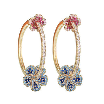 Elegant Micro Pave Blue & Red CZ Flower Hoop Earrings for Women