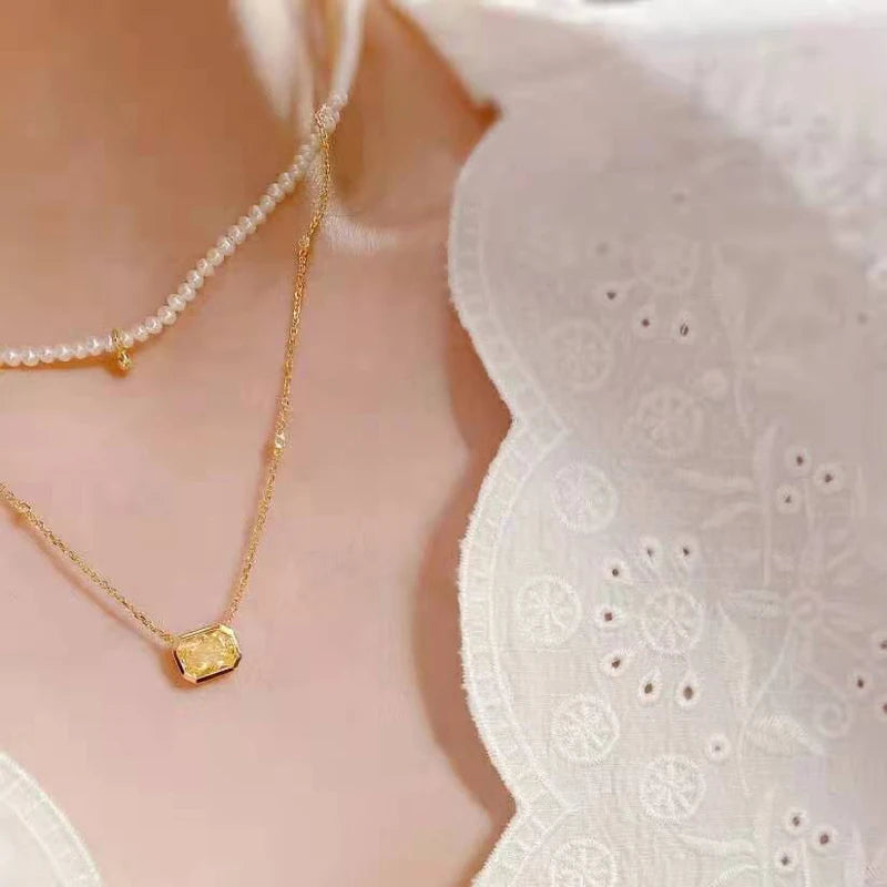 Pink Yellow Rectangular High Carbon Diamond Necklace - Balmas Jewelry