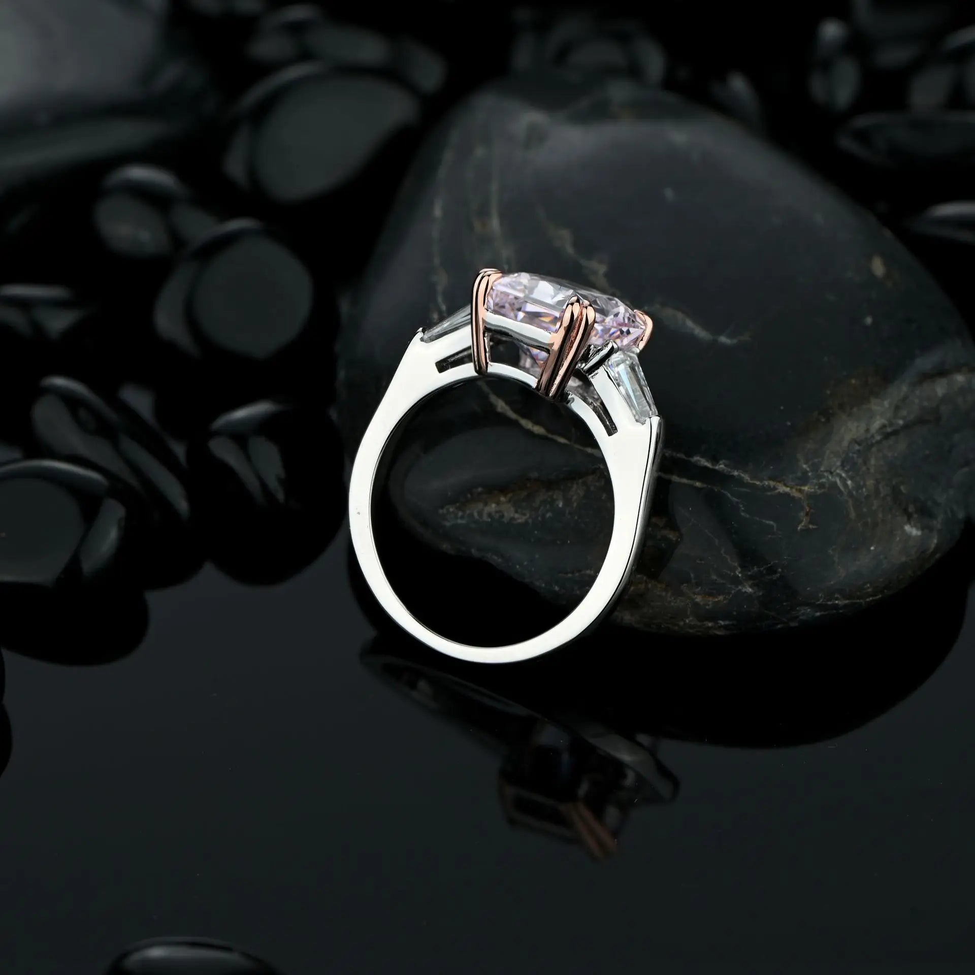 Sterling Silver Shiny Square Pink Diamond Ring - Balmas Jewelry