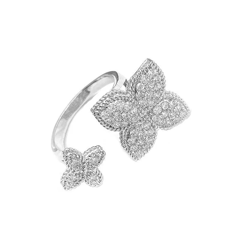 White Cubic Zirconia Four-Leaf Flower Adjustable Ring