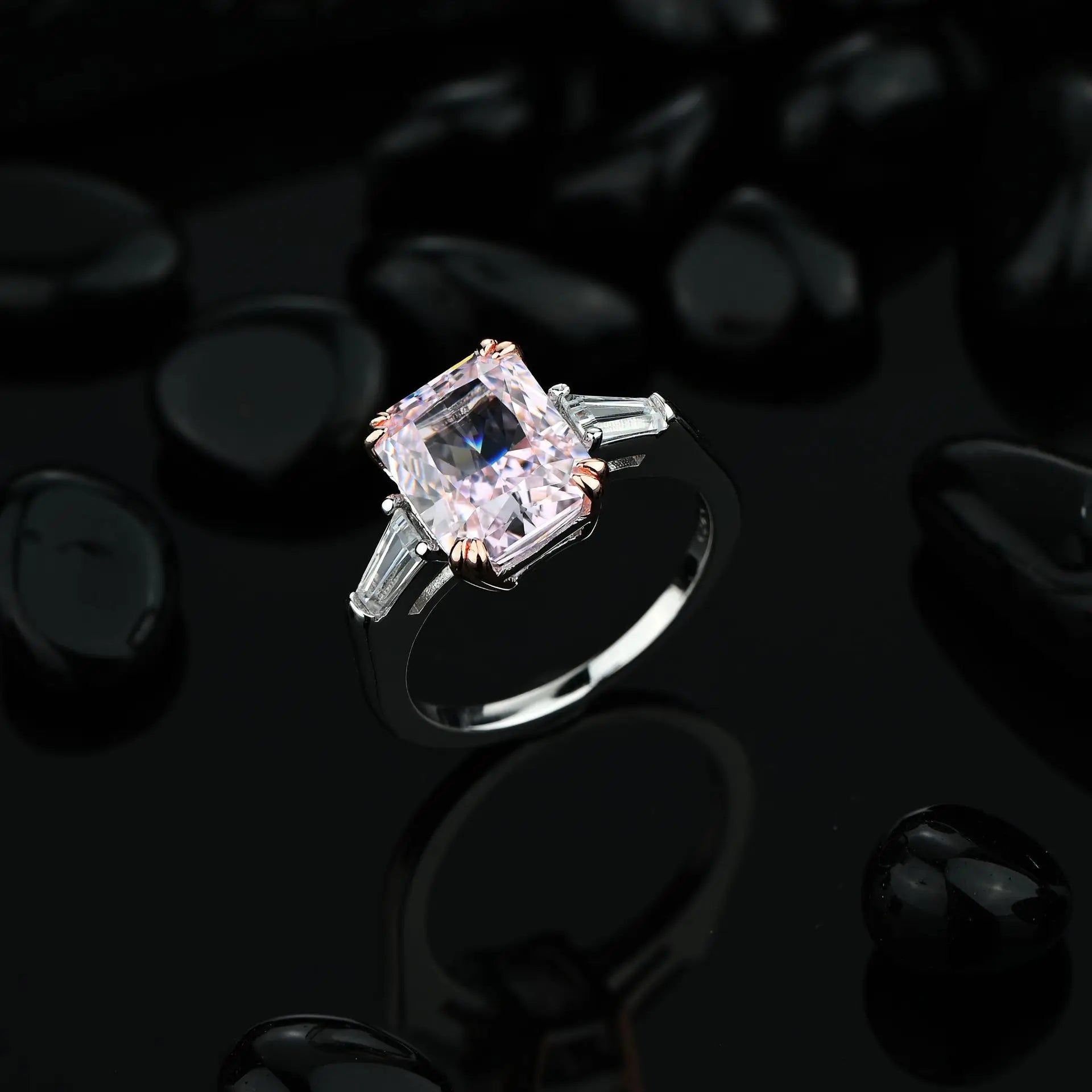 Sterling Silver Shiny Square Pink Diamond Ring - Balmas Jewelry