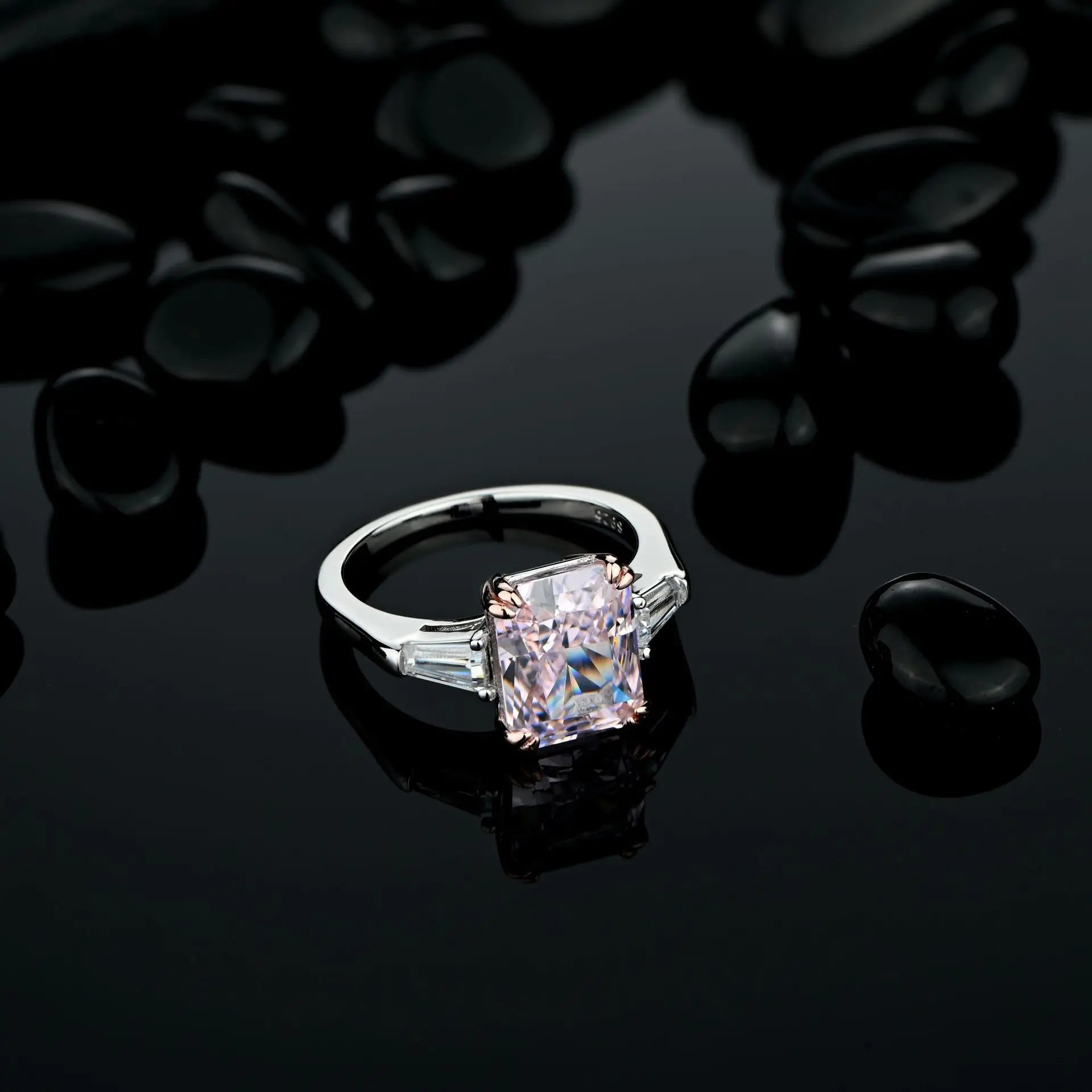 Sterling Silver Shiny Square Pink Diamond Ring - Balmas Jewelry