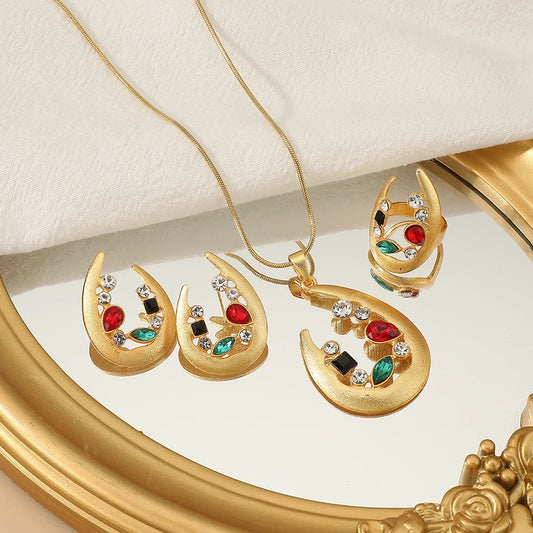 Gold zircon pendant Necklace Earrings ring Jewelry Set